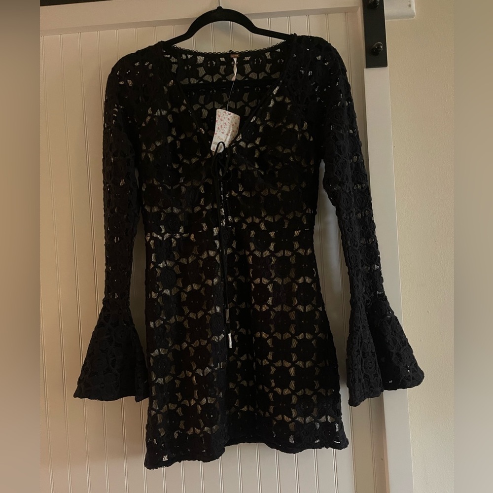 Free People Back to Black Crochet Mini Dress 4 - Picture 1 of 16